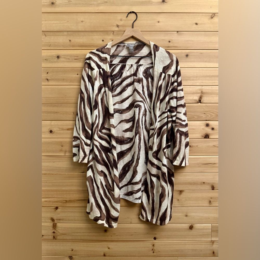 Chicos Travelers Sz 4/XXL Cotton Linen Blend Zebra Open Front Waterfall Caedigan